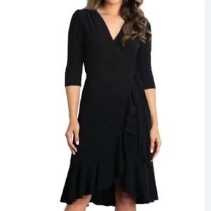 Chadwick’s Black Jersey Faux Wrap Dress Ruffled V Neck Size 2 P PETITE